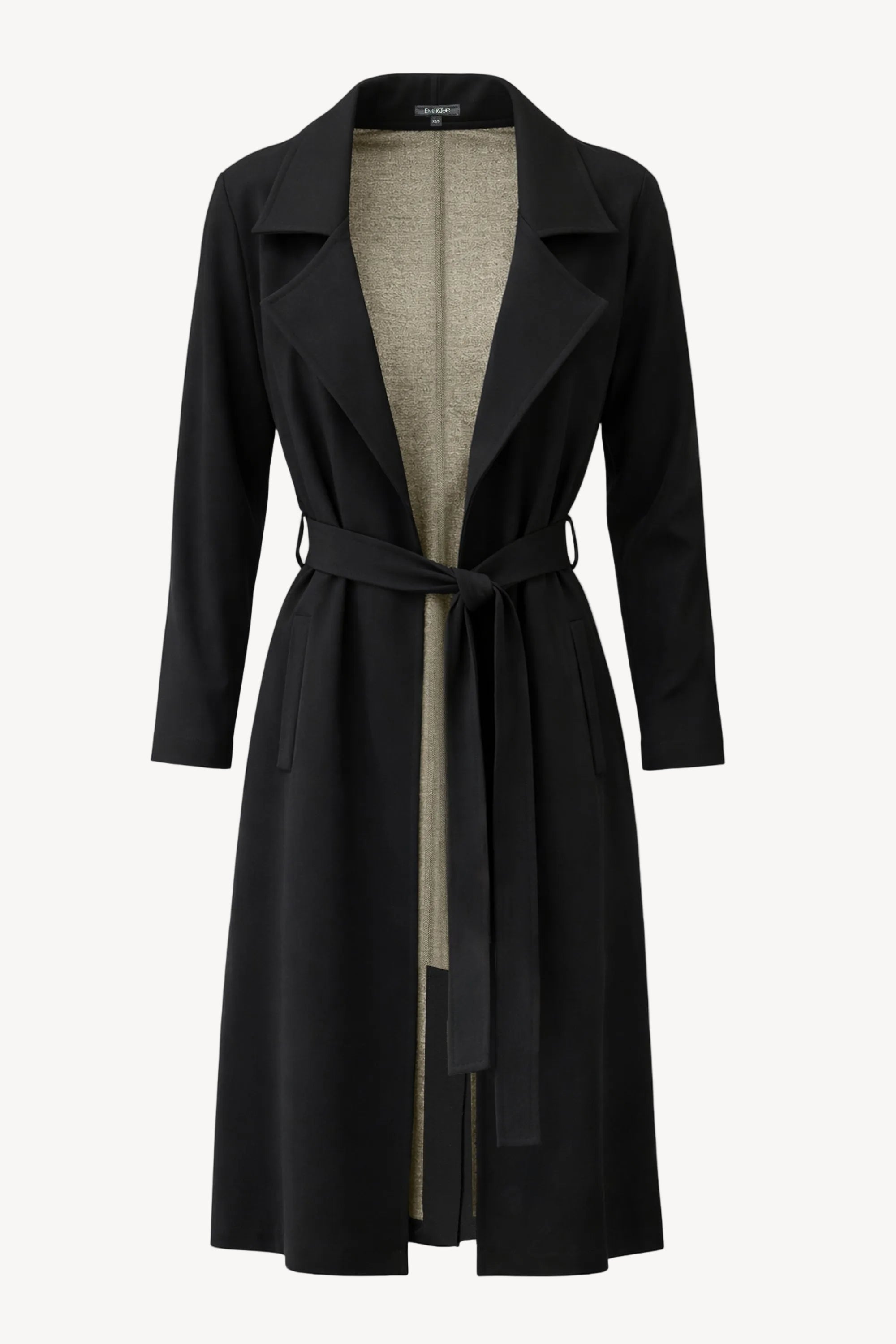Black trench coat with a belt on a light gray background