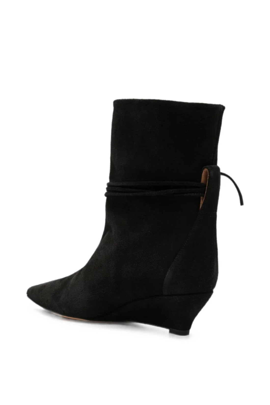A black suede ankle boot with a wedge heel, featuring a wrap-around elastic strap detail on the side, shown against a plain white background.