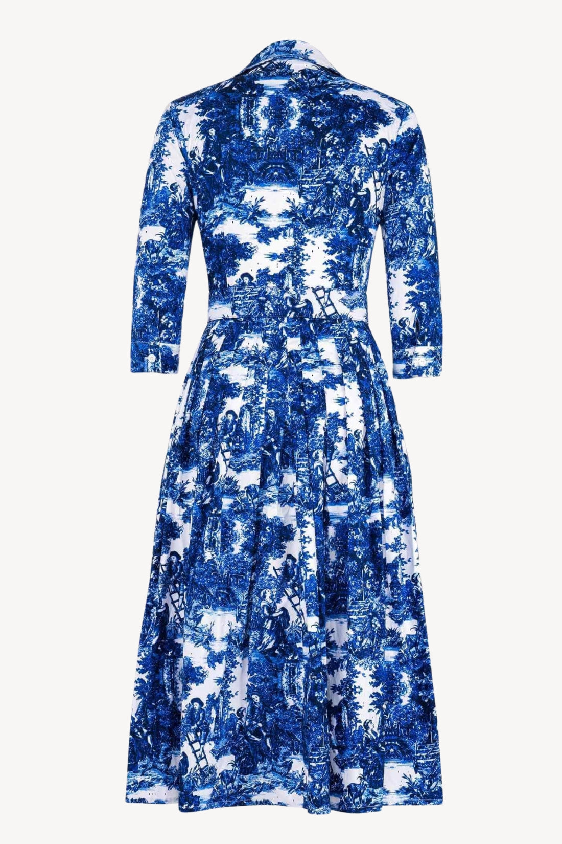 Back of a blue and white toile de Jouy patterned shirt dress 