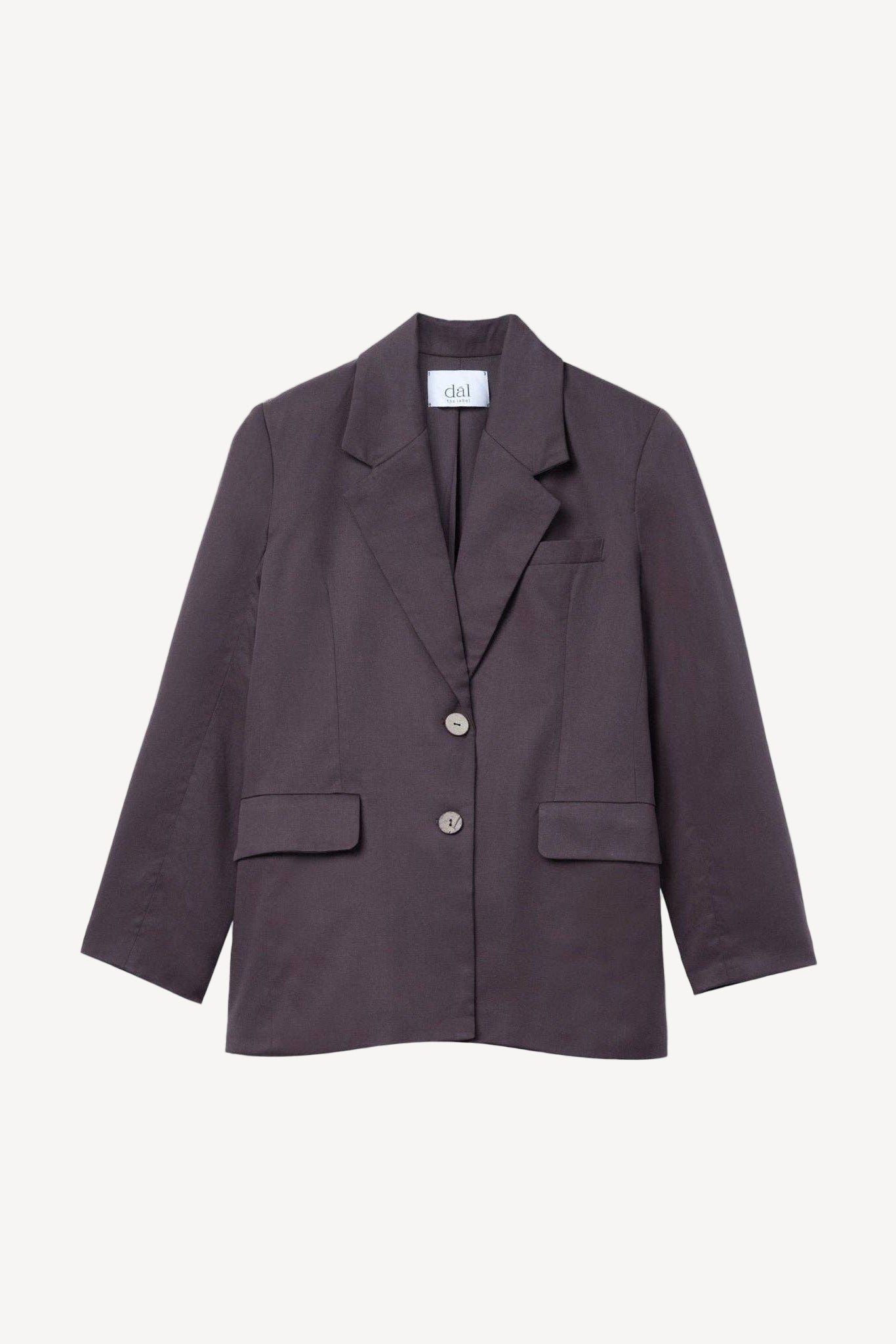 Dark brown blazer on a light gray background.