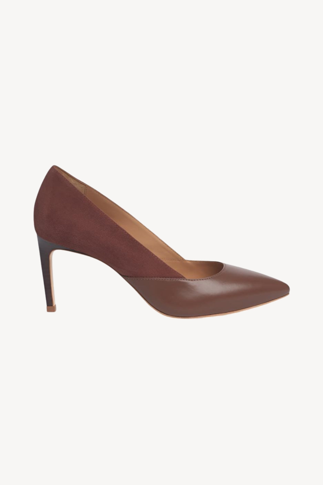 Brown high-heeled shoe on a white background