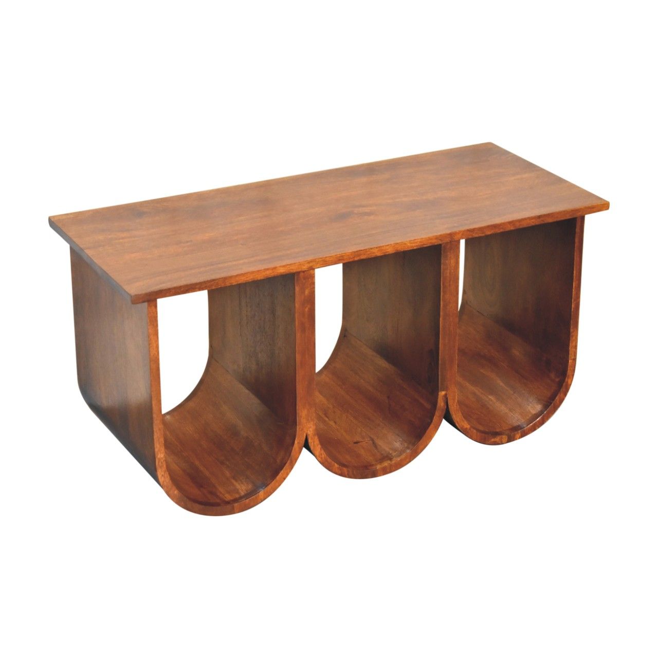 Wooden console table with three open shelves on a white background
