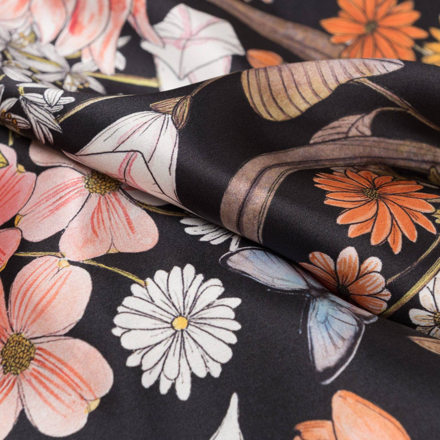 Flora - Hand Rolled Black Silk Foulard