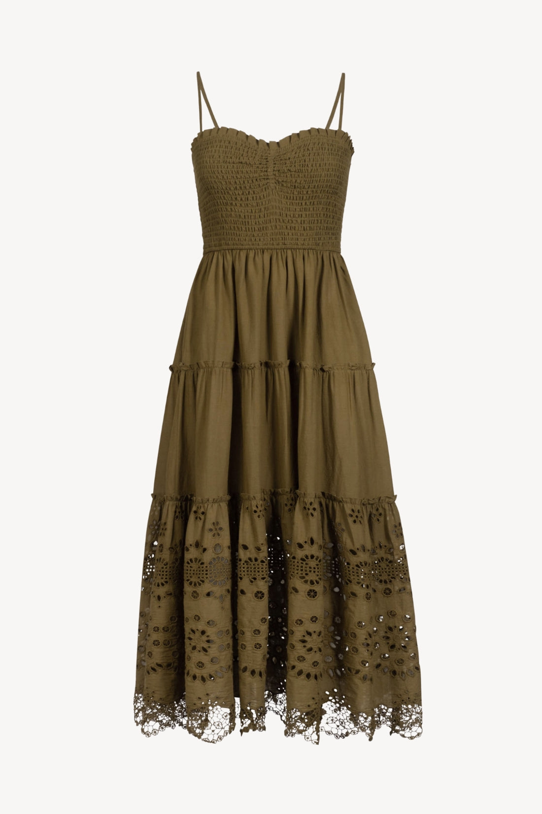 Olive green dress with eyelet embroidered lace details on a white background