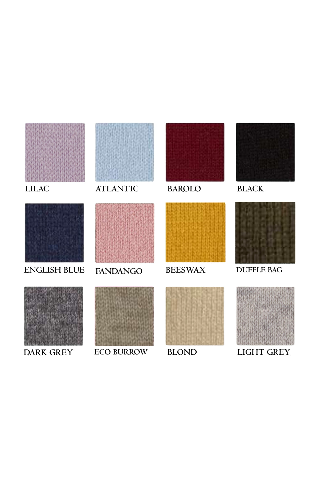 Color swatch chart with various fabric color options on a white background