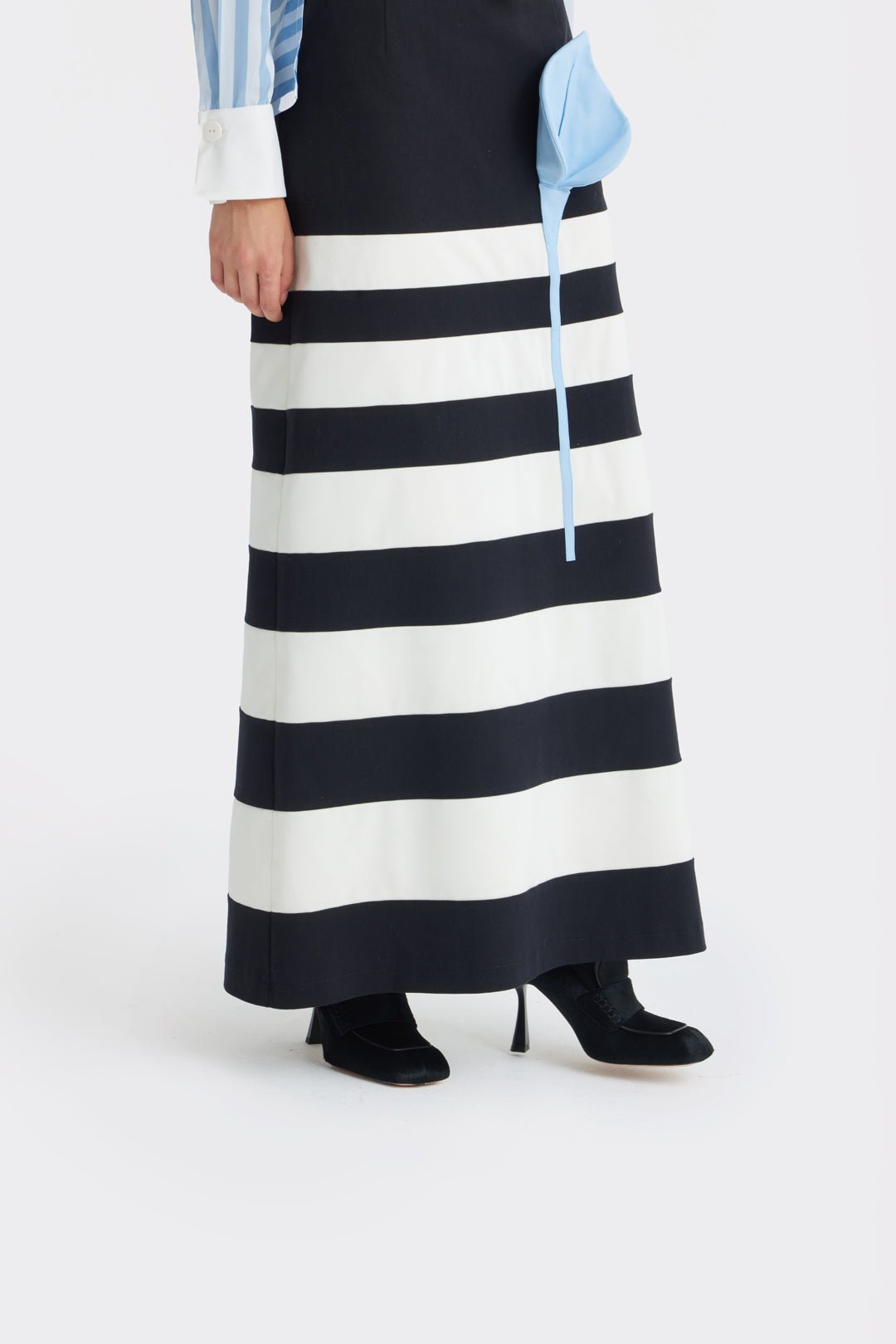 Contemporary Striped A-Line Skirt, Blue Floral Detail – Black-White - Julia Allert