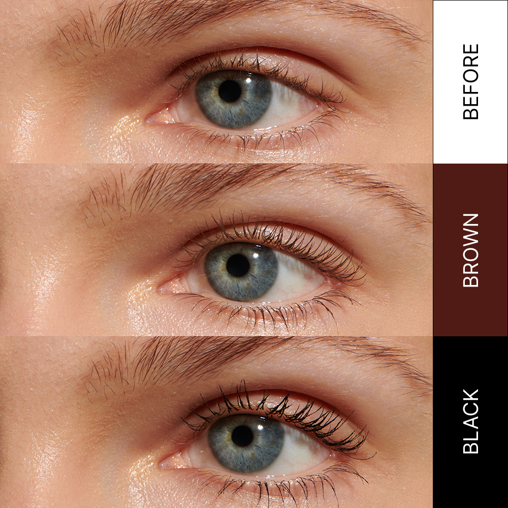 Before and after comparison of eye makeup with brown and black shades.