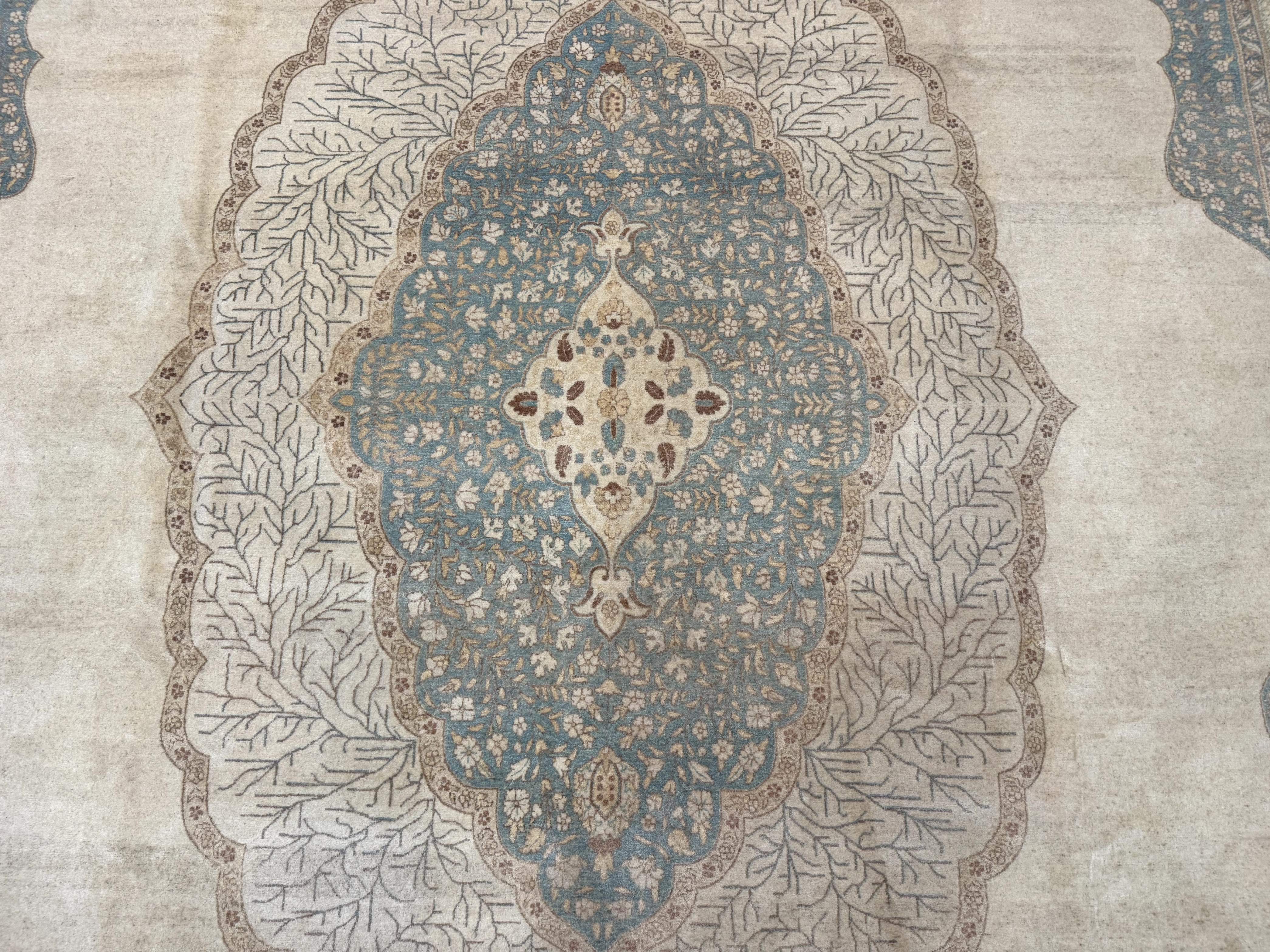 Palace Sized Pakistani Rug 12x18 | Haji Jalili Design, Oat and Light Blue | Fine 260 KPSI
