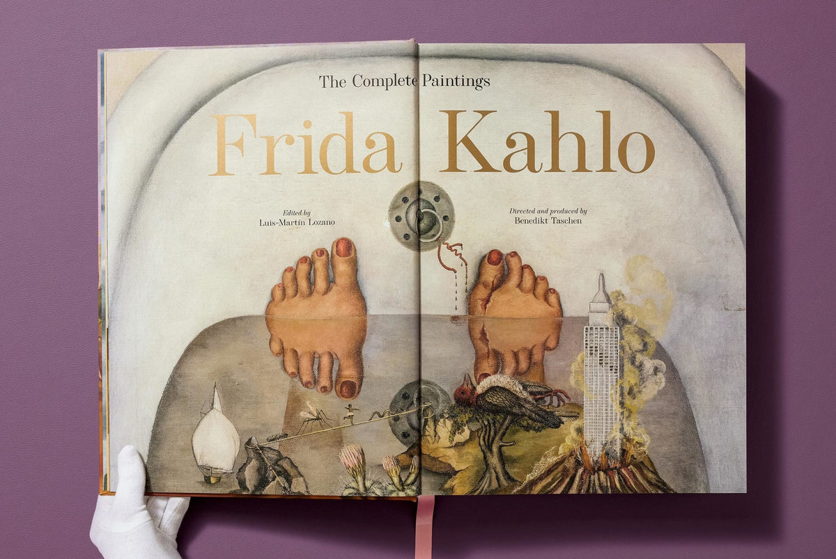Book titled 'The Complete Paintings Frida Kahlo' on a purple background