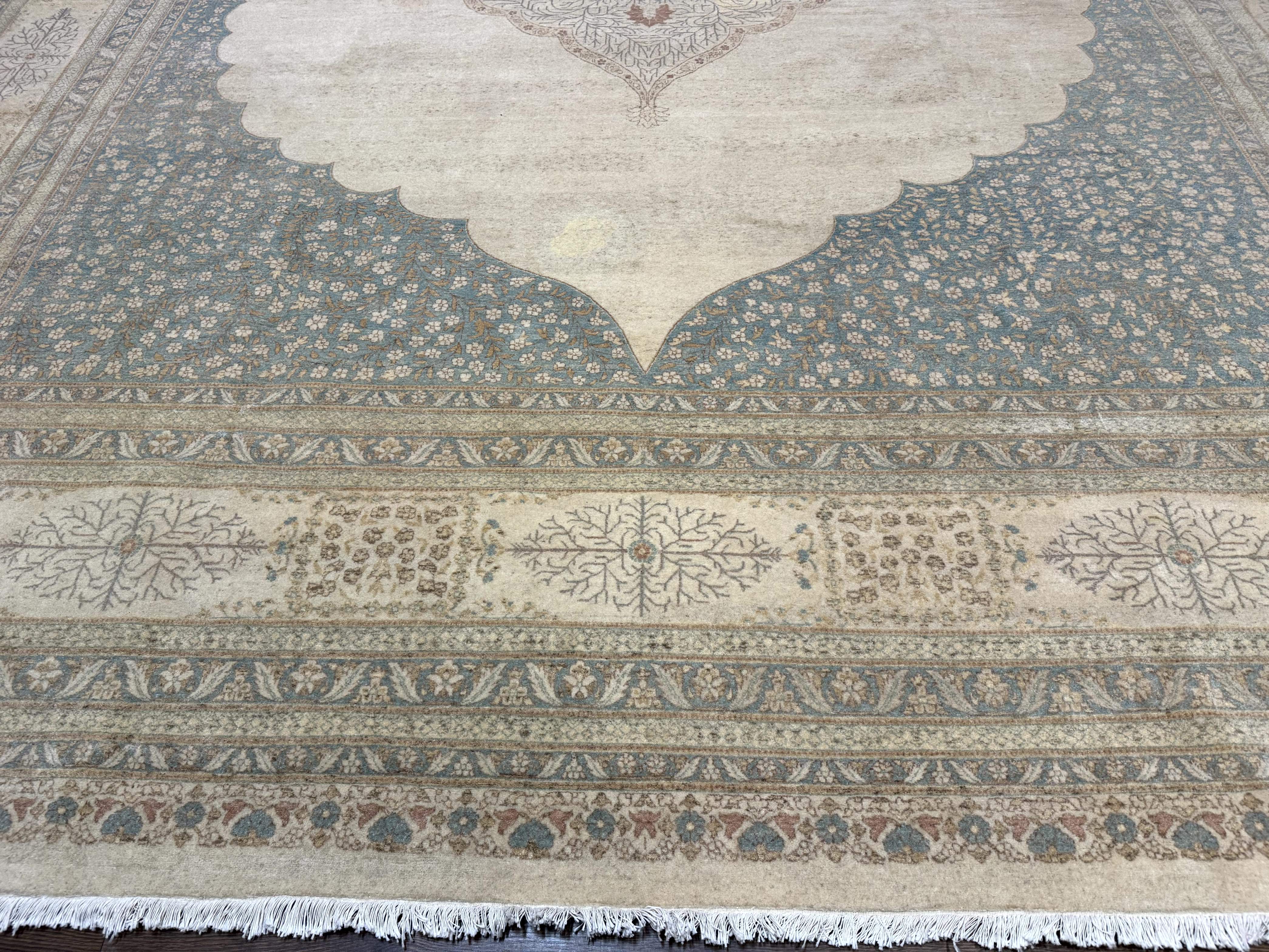 Palace Sized Pakistani Rug 12x18 | Haji Jalili Design, Oat and Light Blue | Fine 260 KPSI