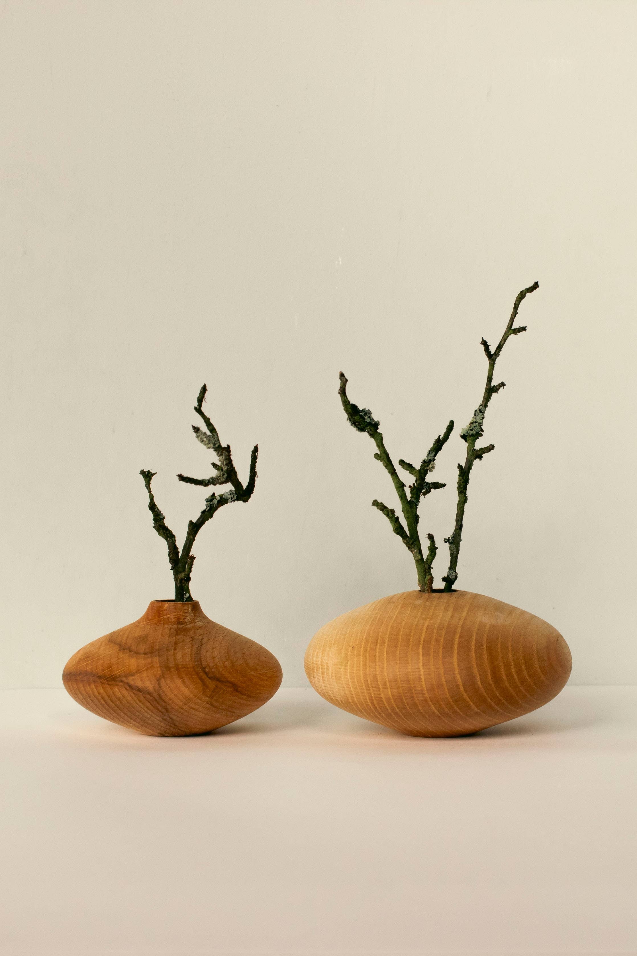 Two wooden vases with branches on a beige background
