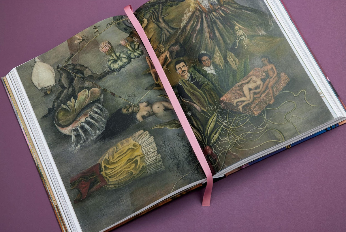 Open book with artistic illustrations on a purple background