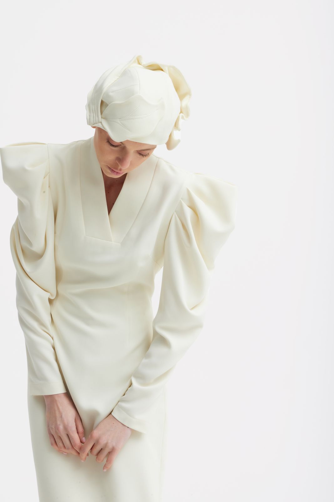 Crepe Midi Dress With Statement Sleeves | Ivory