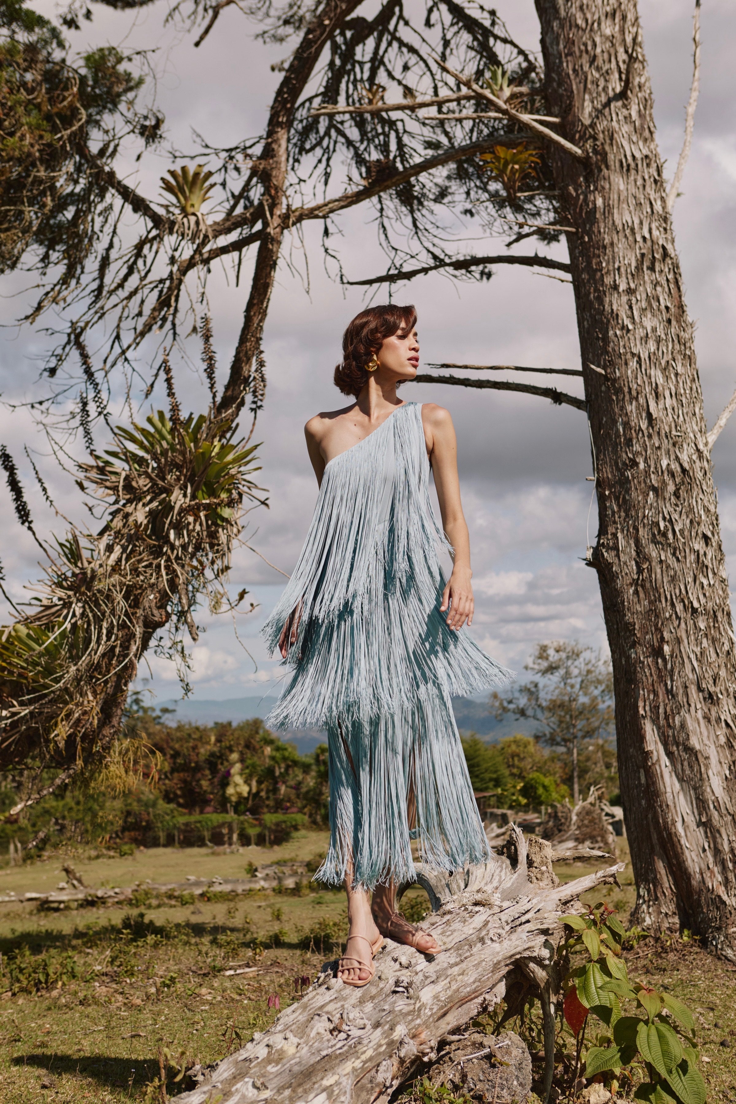 Woman in a light blue dress standing in a natural setting with trees and sky.