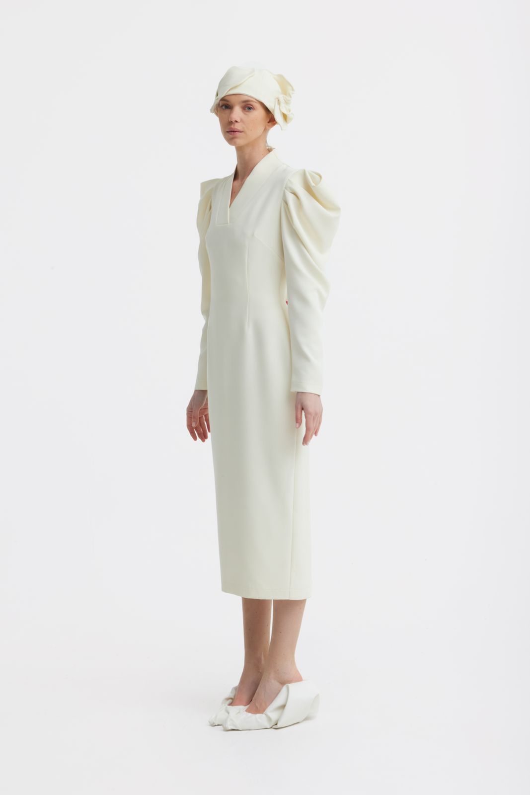 Crepe Midi Dress With Statement Sleeves | Ivory