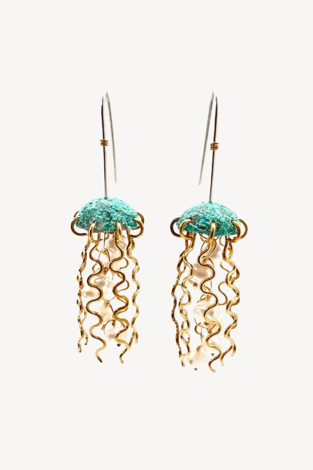 Green Copper Jellyfish Earrings with White Pearls and Sterling Silver Earwires