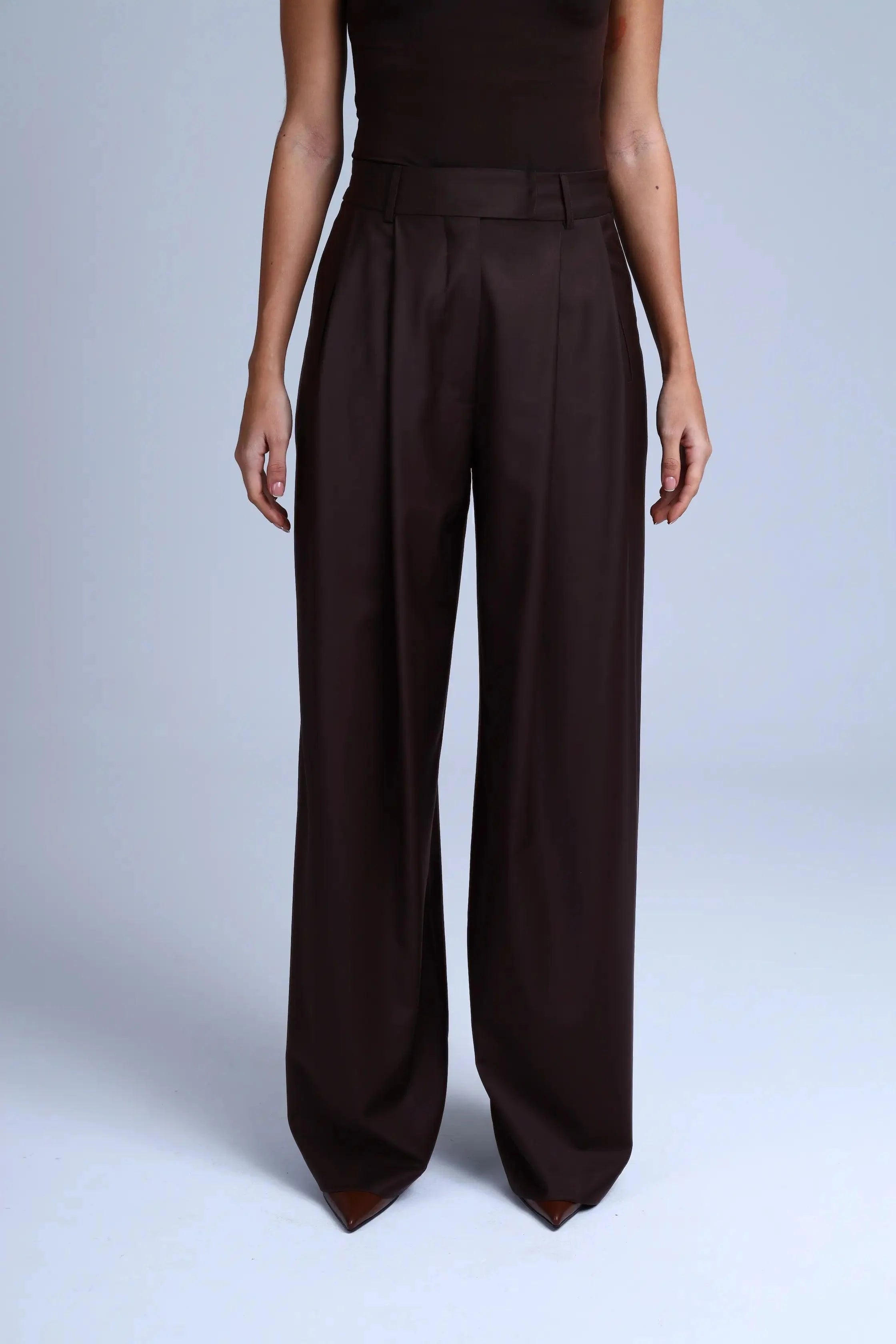 Brown wide-leg pants worn by a person on a light gray background