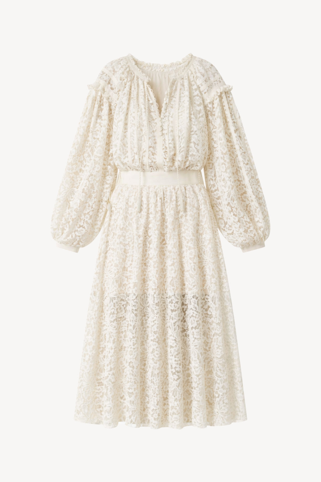 OZANA LACE DRESS WITH GROSGRAIN APPLIQUE IN SUGAR