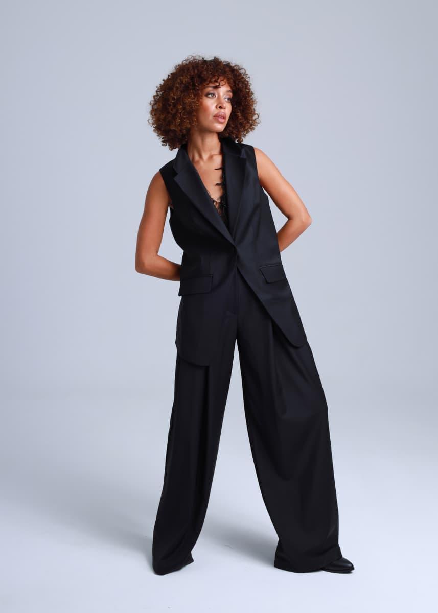 Broadway Liza Wide-Leg Virgin Wool Pants in Deep Black