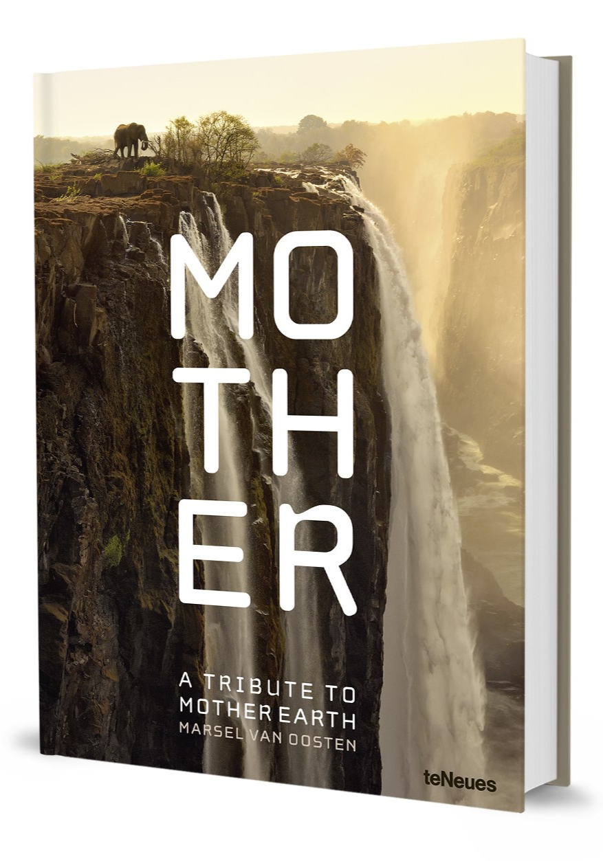 Book titled 'Mother: A Tribute to Mother Earth' with a waterfall and elephant on the cover.