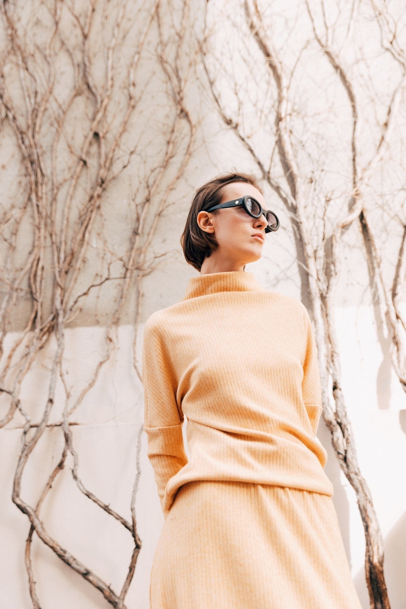Rib Knit Suit Asymmetric Blouse & Basik Skirt Yellow & Orange - Julia Allert
