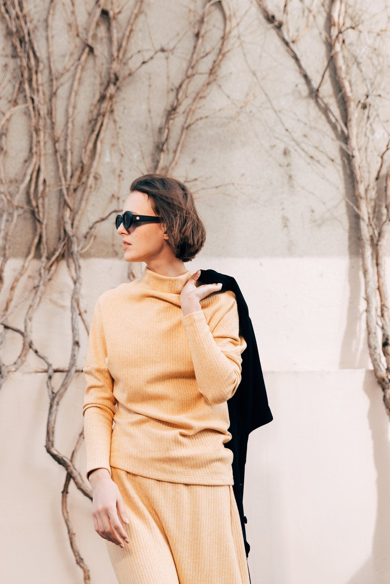 Rib Knit Suit Asymmetric Blouse & Basik Skirt Yellow & Orange - Julia Allert