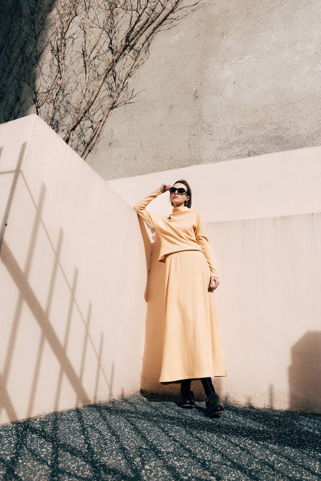 Rib Knit Suit Asymmetric Blouse & Basik Skirt Yellow & Orange - Julia Allert