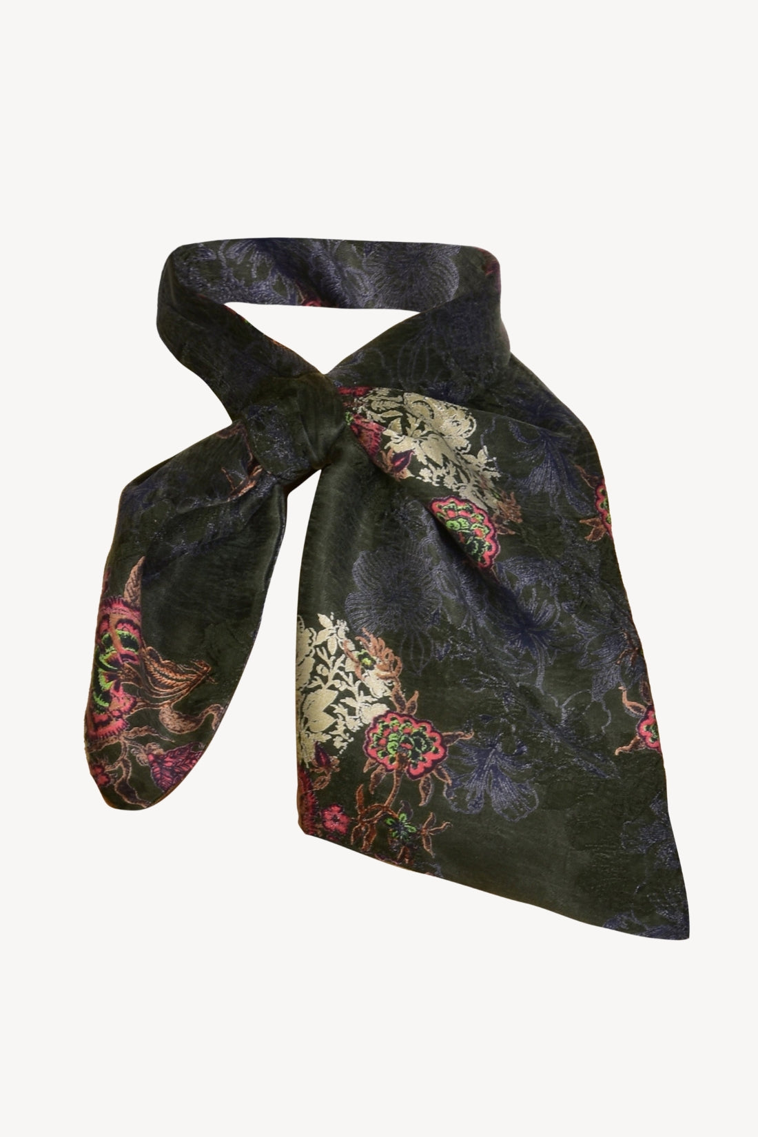 Decorative scarf with floral patterns on a white background.