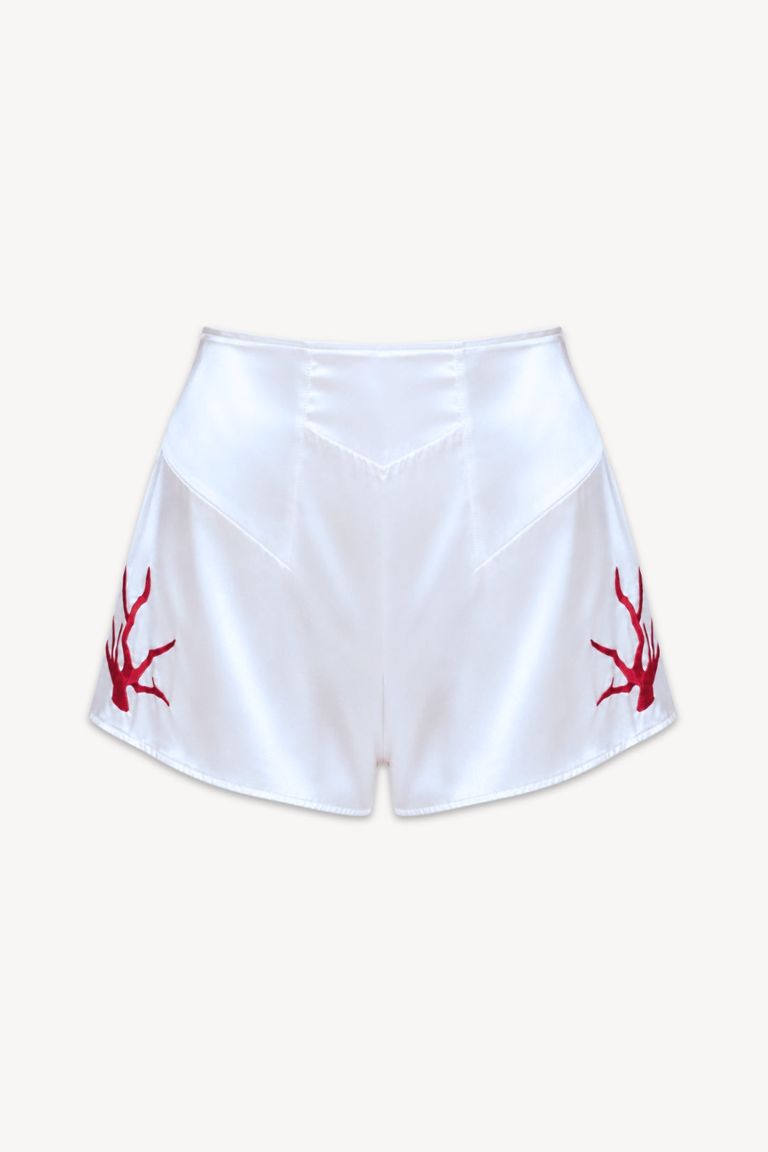 White silk shorts with red coral designs on sides