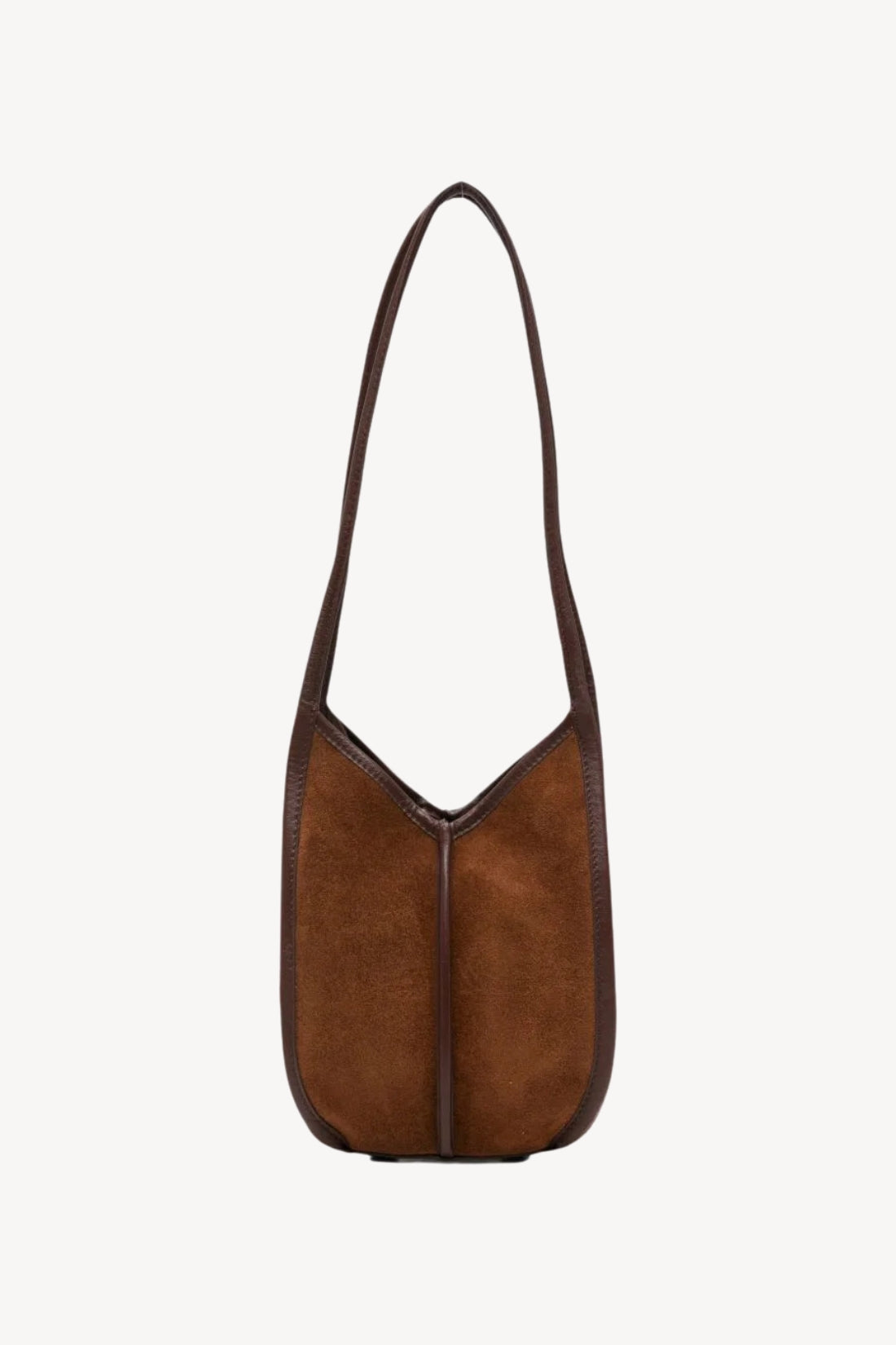 A brown suede shoulder bag with dark brown leather trim and a single shoulder strap, shown against a plain off-white background.