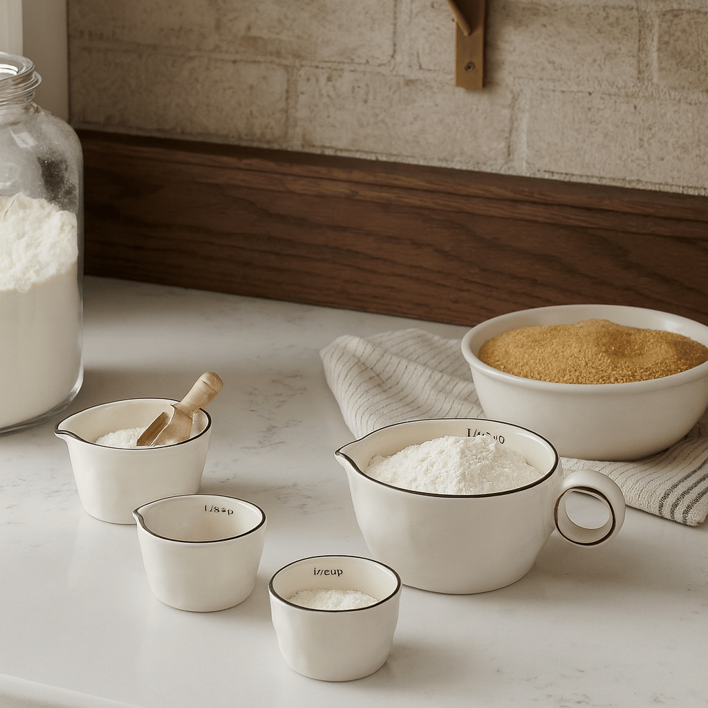 Set of measuring cups with different capacities on a kitchen counter, containing various powders.