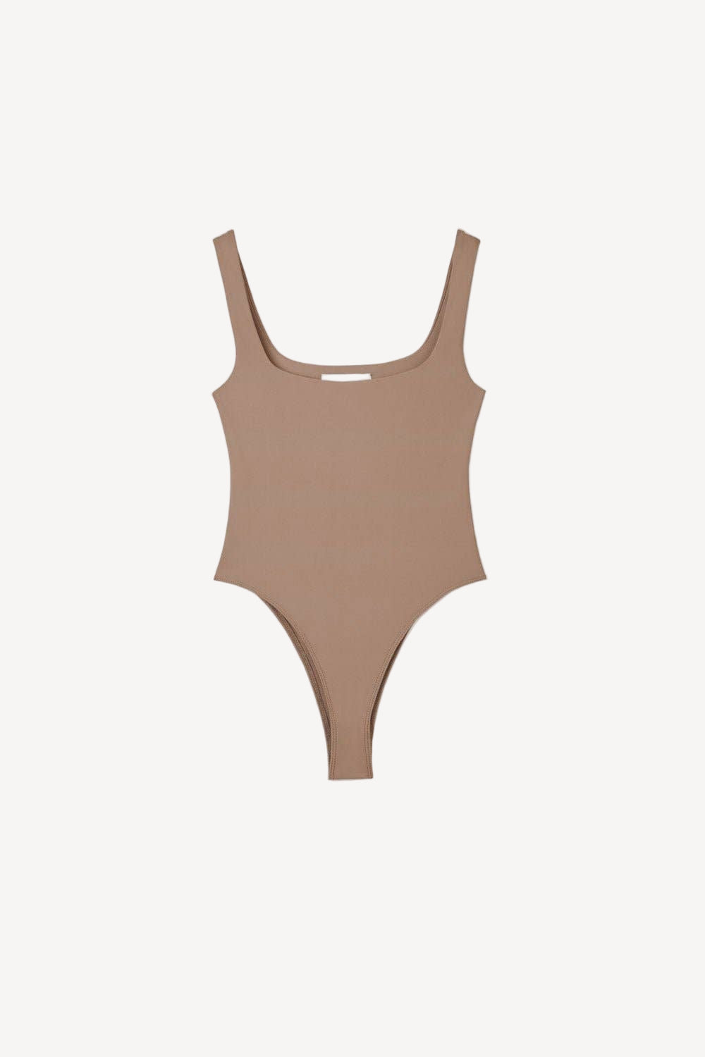Tan bodysuit on a light gray background.
