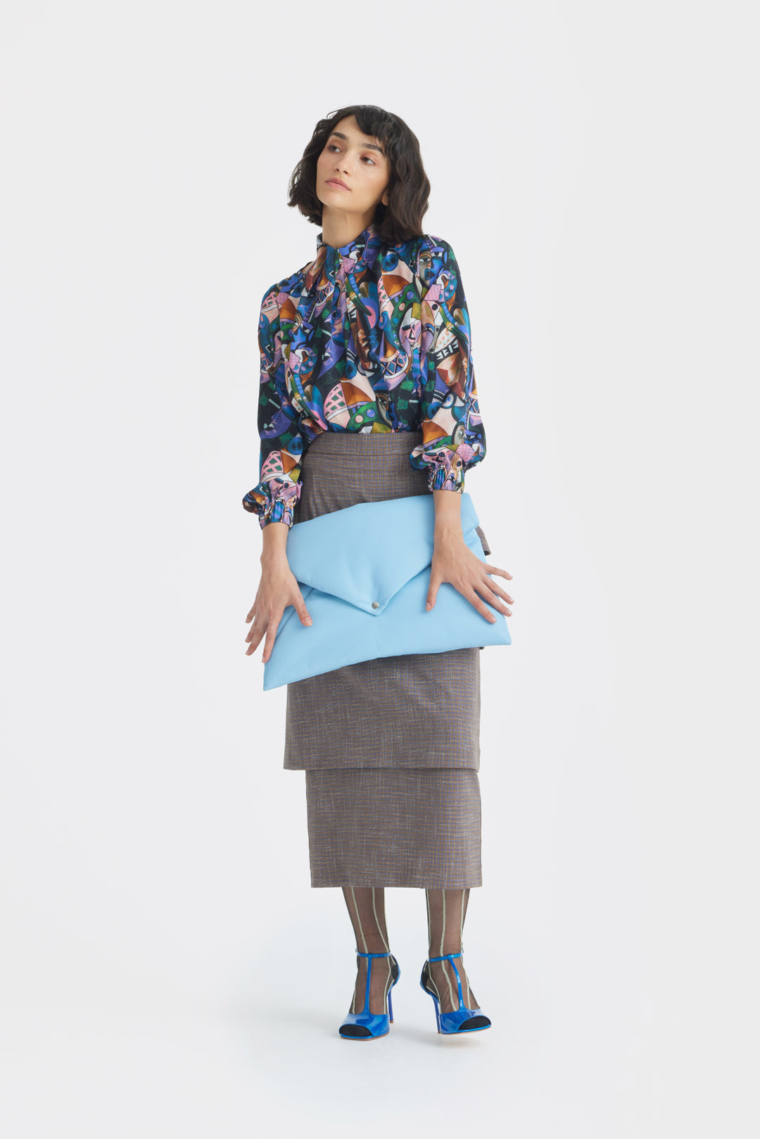 Tiered High Waist Midi Skirt | Brown-Grey Checked