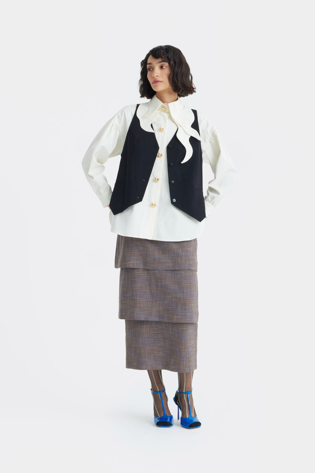 Vintage-Inspired Blouse And Suit Style Vest | Set Ivory & Black