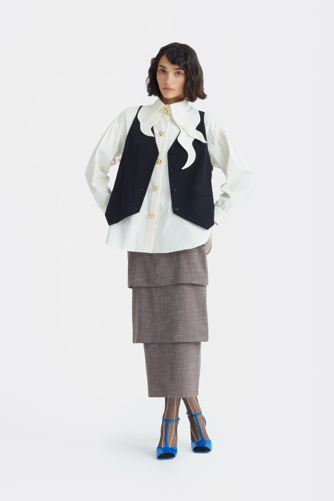 Vintage-Inspired Blouse And Suit Style Vest | Set Ivory & Black