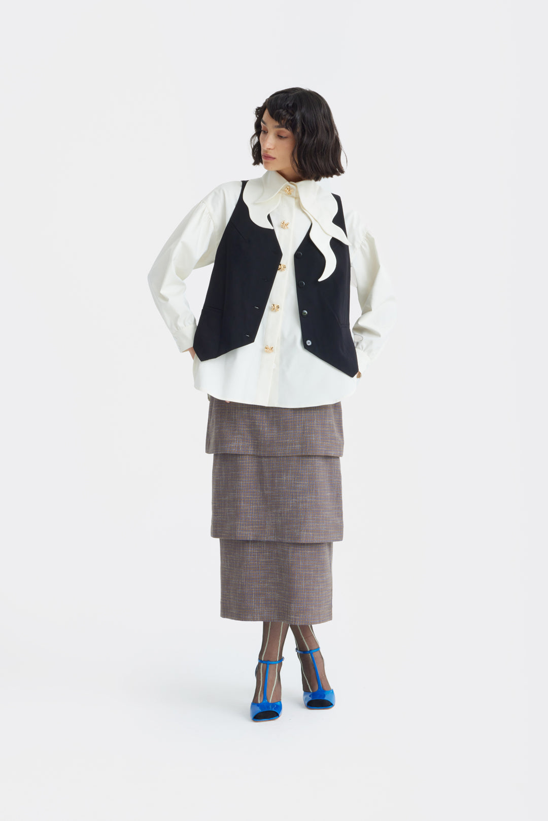 Tiered High Waist Midi Skirt | Brown-Grey Checked