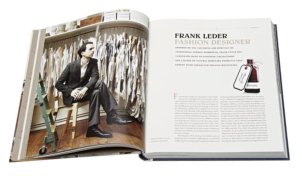Open book featuring a fashion designer, Frank Leder, with text and a bottle illustration.