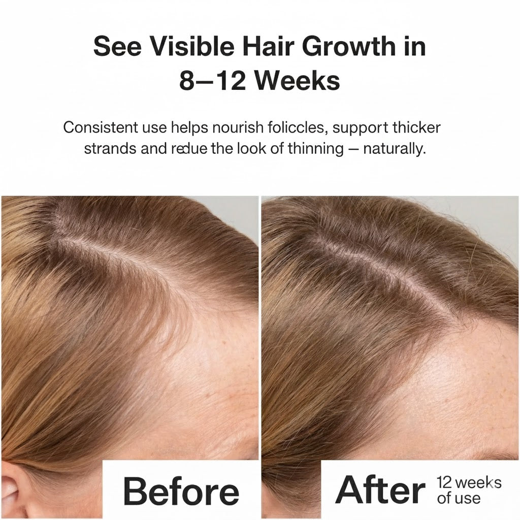 Before and after comparison of hair growth treatment showing visible improvement in hair thickness.