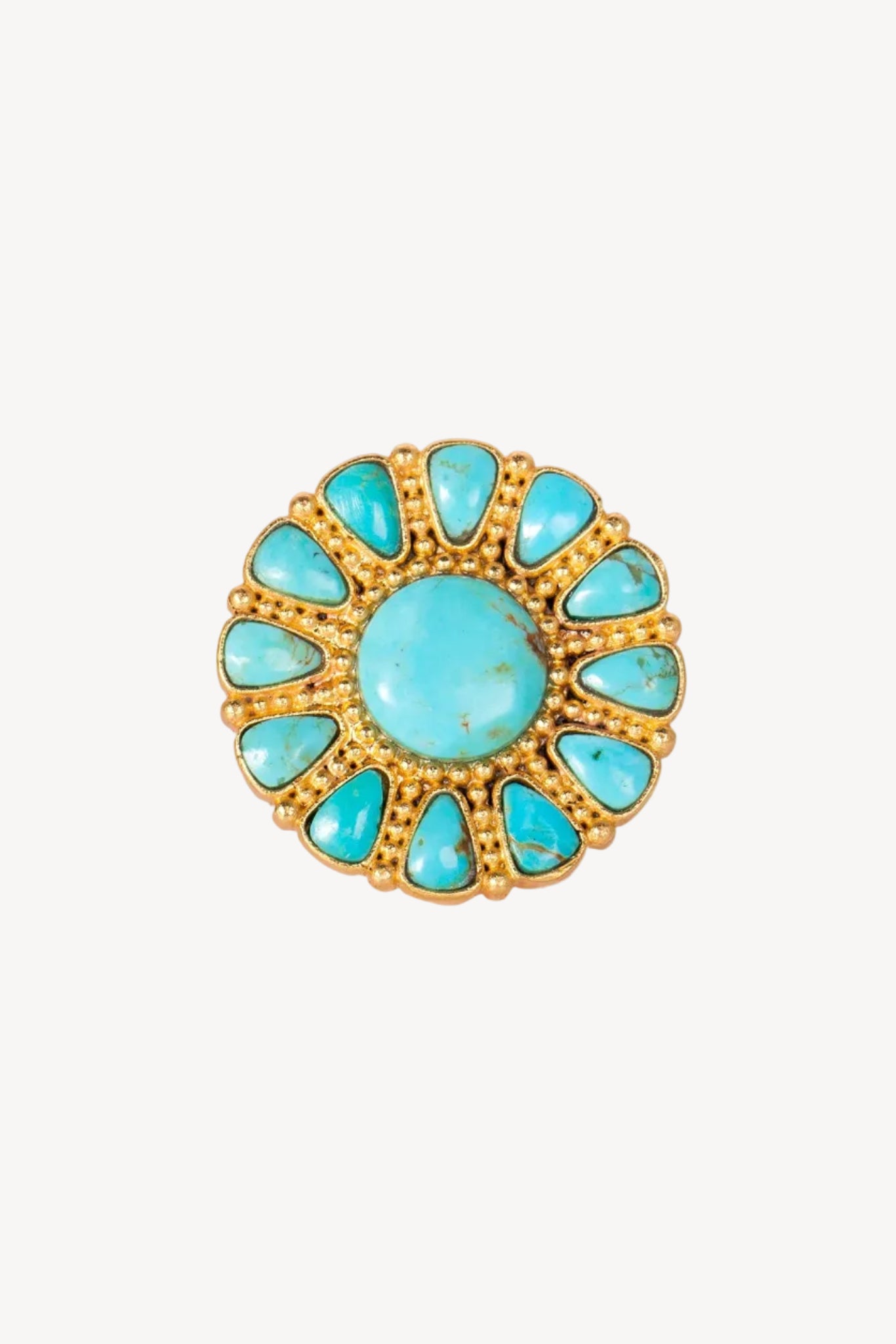 Turquoise stone ring with gold setting on a white background
