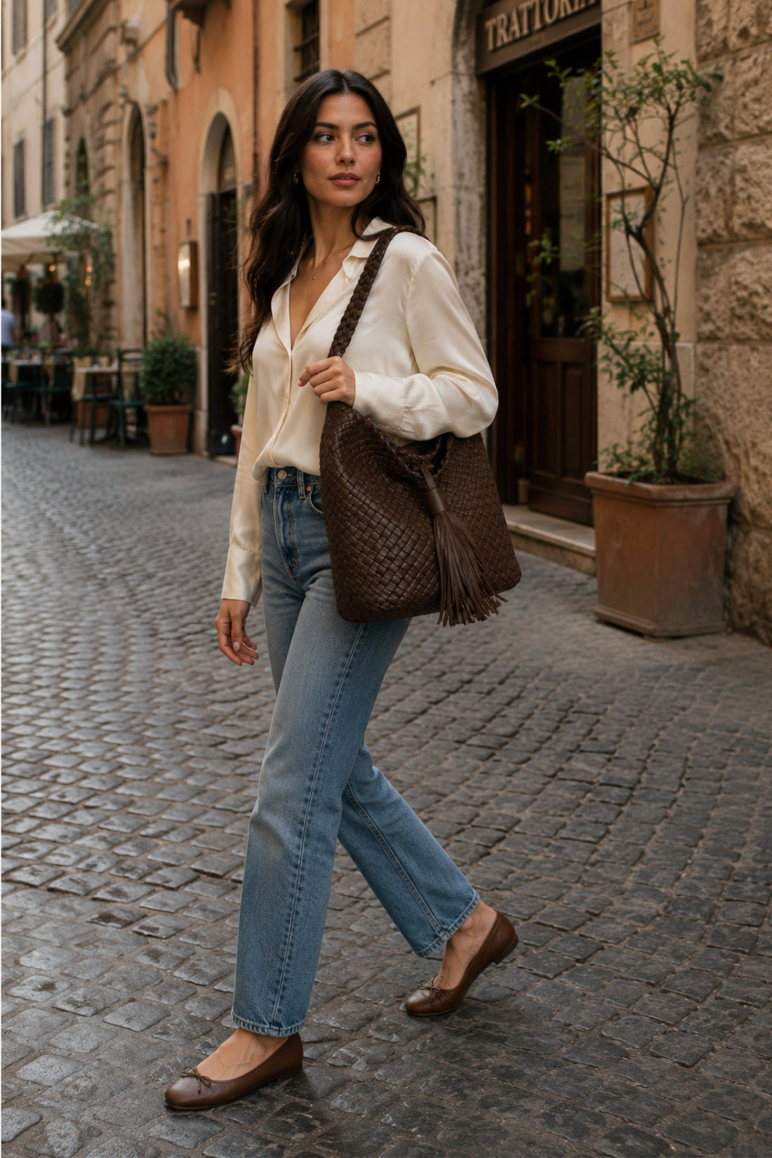 Woven Leather Shopper Bag with Tassel